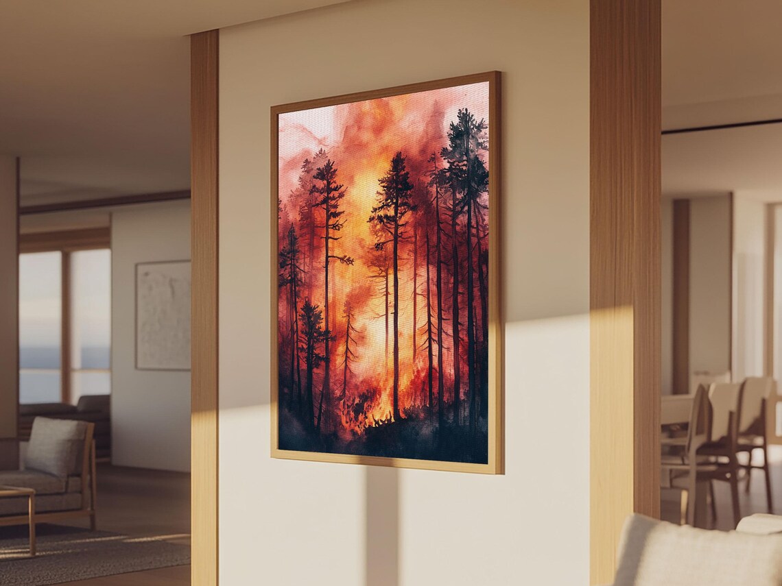 Forest Fire Watercolor Art Print, California Landscape