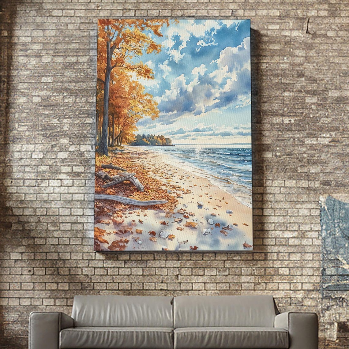 Autumn Beach With Fallen Leaves Driftwood Shore Scene Poster - Image 2