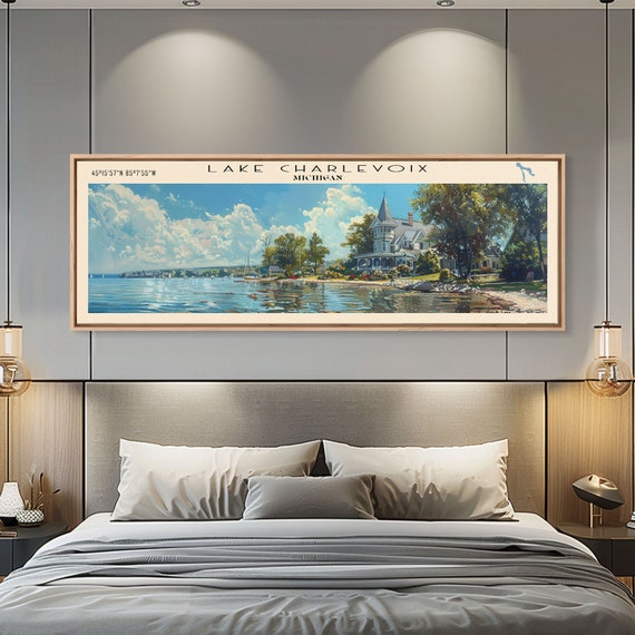 Lake Charlevoix Michigan Framed Print Lake House Decor Panoramic Wall Art Travel Poster Stunning Landscape Painting Home Art