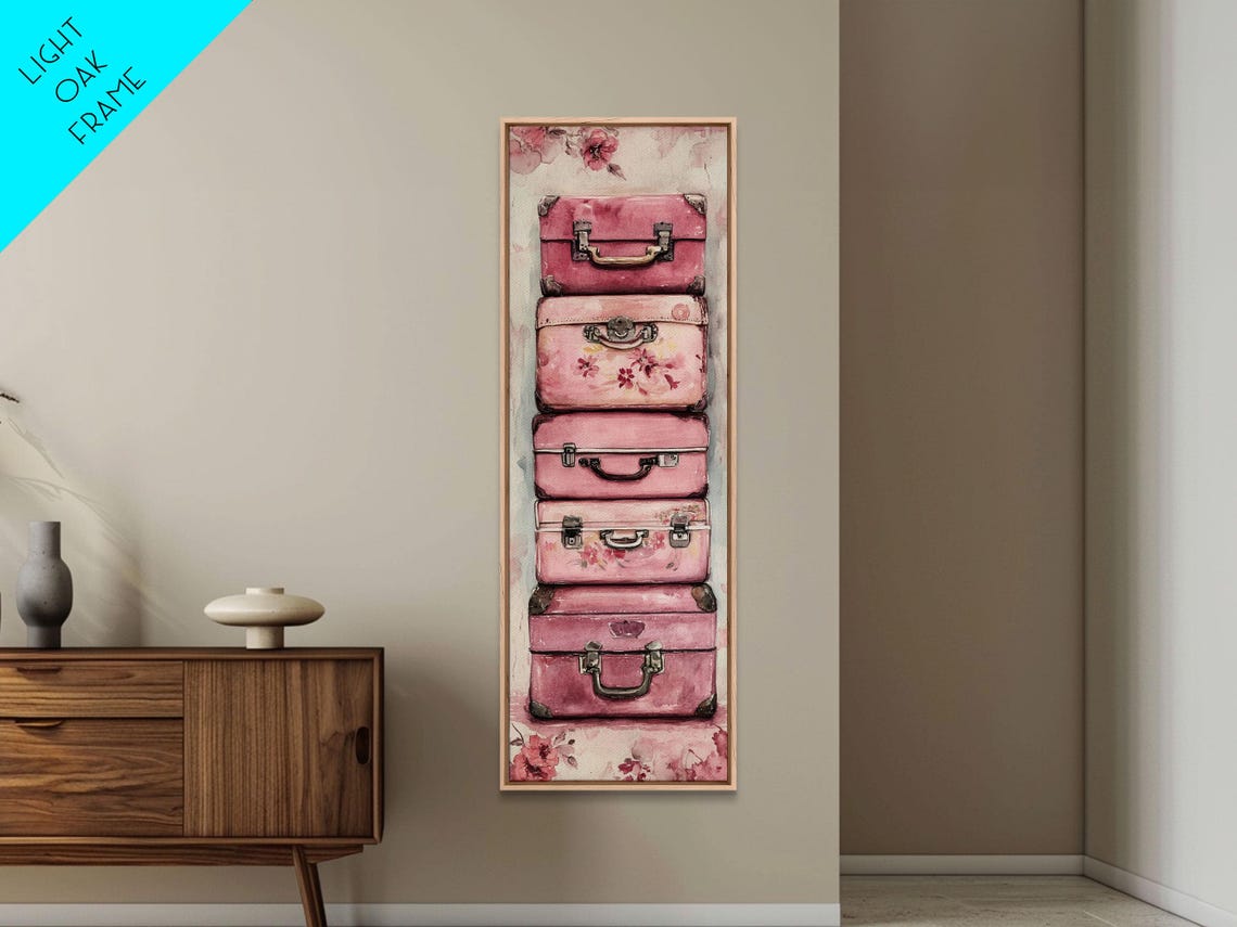 Pink Suitcase Print Cottagecore Wall Art Rustic Decor Whimsical Art Light Pink Wall Art Vertical Gift Idea Above Sofa Art
