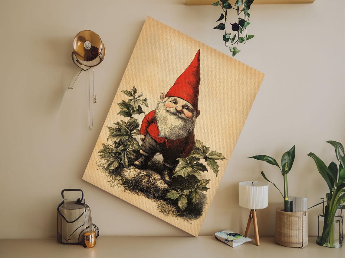 Vintage Garden Gnome Red Hat Botanical Illustration Wall Art Poster