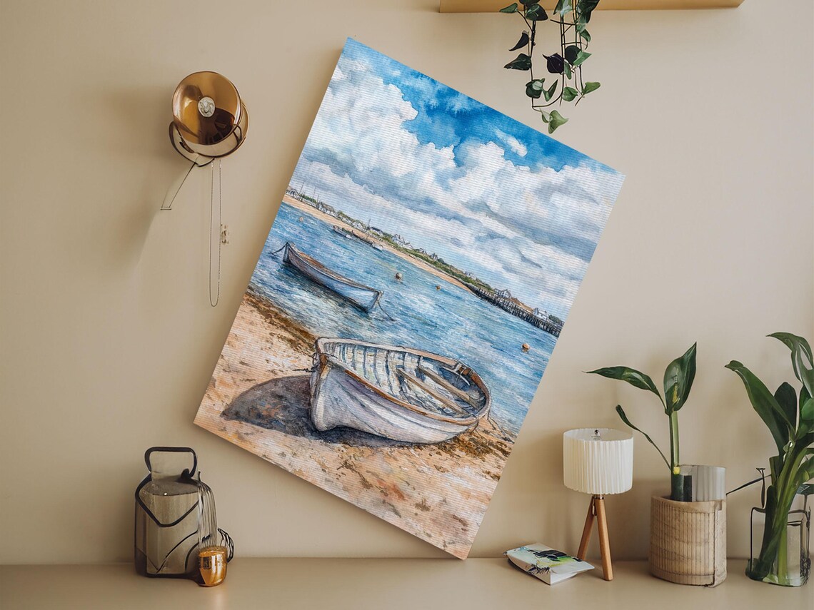 Wooden Rowboats On Shore Watercolor Coastal Beach Nautical Scene Poster - Image 3