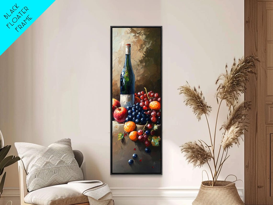 Skinny Vertical Art For Wine Cellar Wine Room Art Still Life Oil Painting Of Wine And Grapes Victorian Oil Painting Retro Kitchen Decor - Image 3