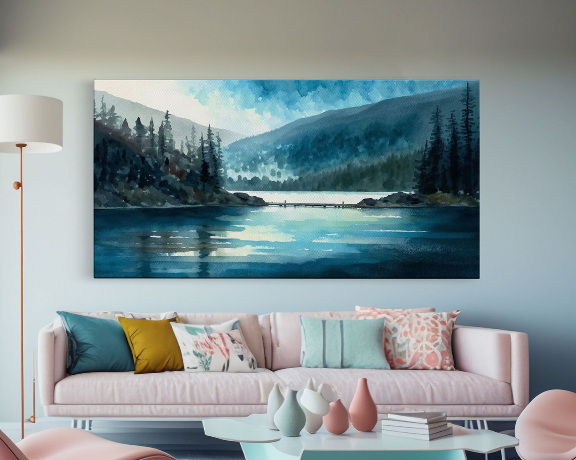 Mountain Lake Watercolor Landscape Painting Print Ready To Hang Large Gallery Wrapped Wall Art Prints With Floating Frames - Image 3