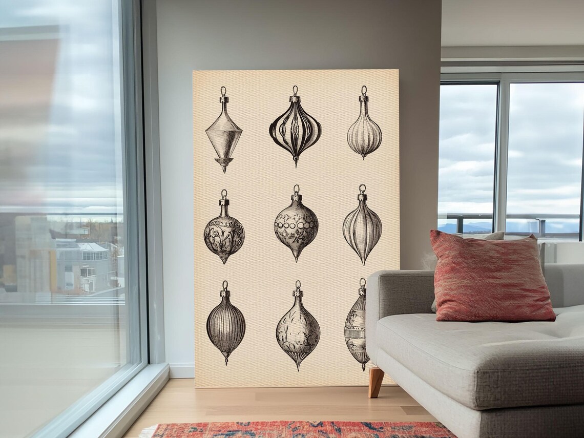 Nine Vintage Glass Christmas Ornaments Sketch Holiday Wall Art Print - Image 3