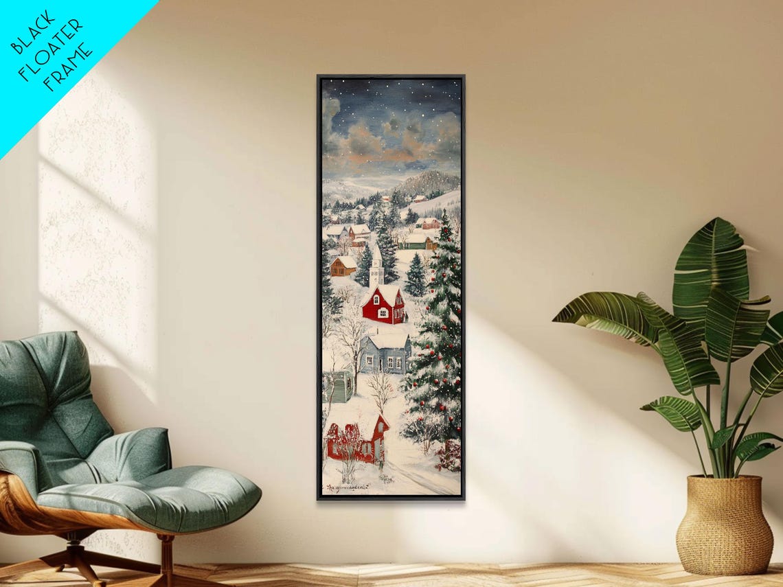 Snowy Mountain Village With Red Barns And Christmas Tree Poster