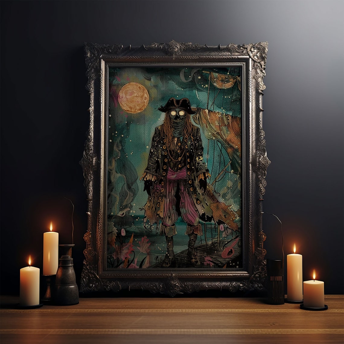 Ghost Pirate Glowing Eyes Full Moon Ship Halloween Art Poster - Image 3
