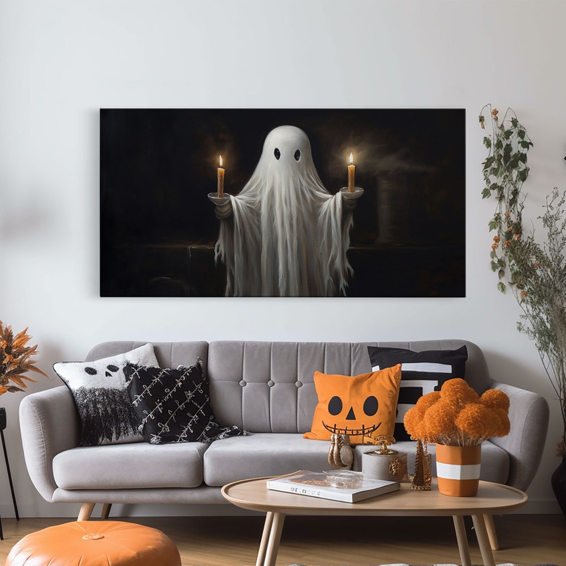 Cute Ghost Holding Two Lit Candles Against Black Background Poster - Image 6