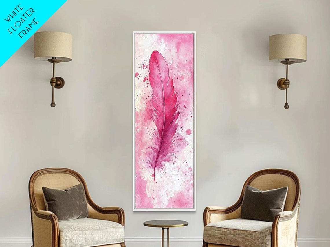 Pink Feather Watercolor Painting Soft Magenta Plume Vertical Wall Art - Image 3