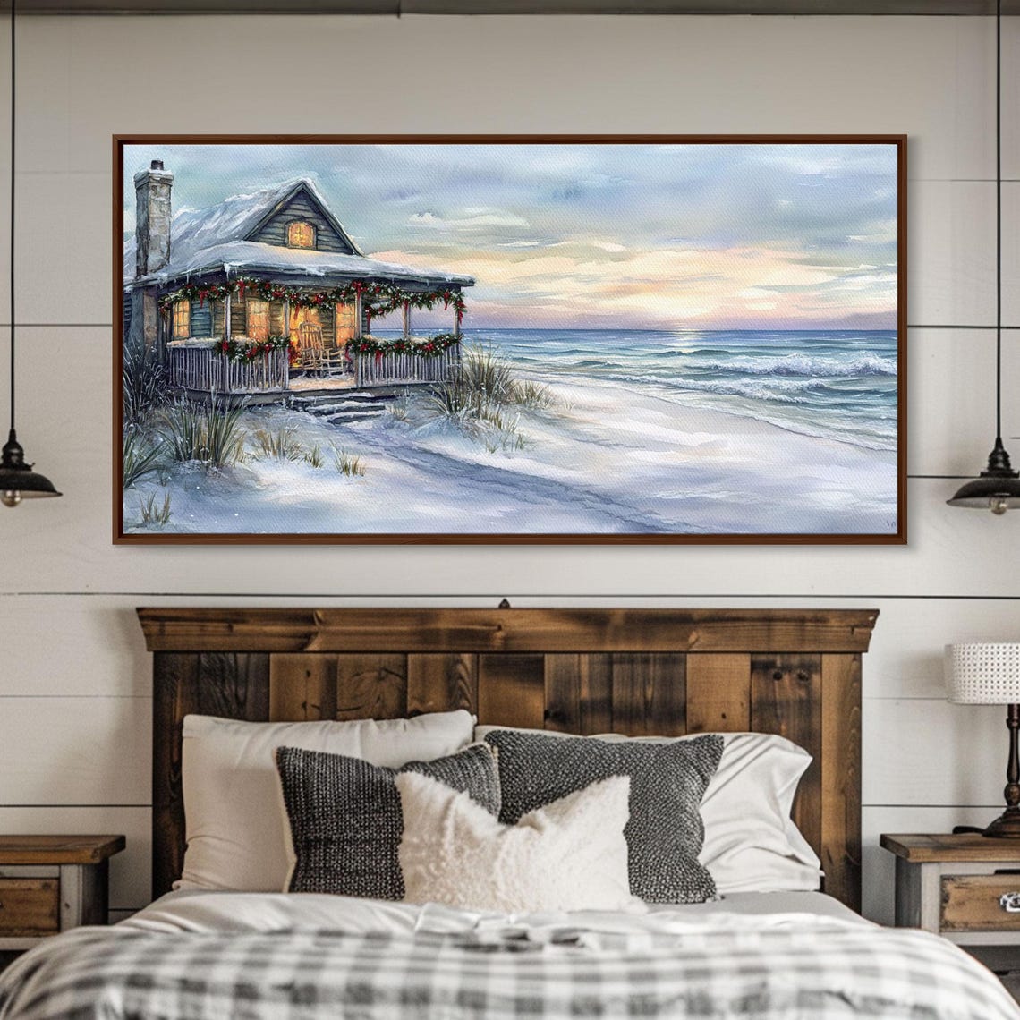 Snowy Beach Cottage Christmas Garland Porch Ocean Sunset Art Print - Image 6
