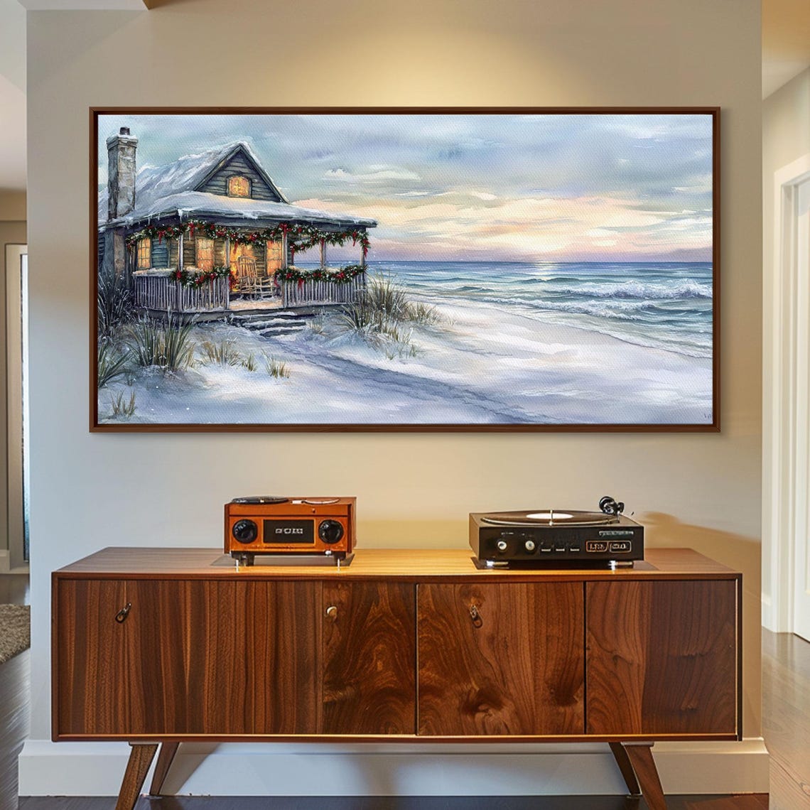 Snowy Beach Cottage Christmas Garland Porch Ocean Sunset Art Print - Image 3