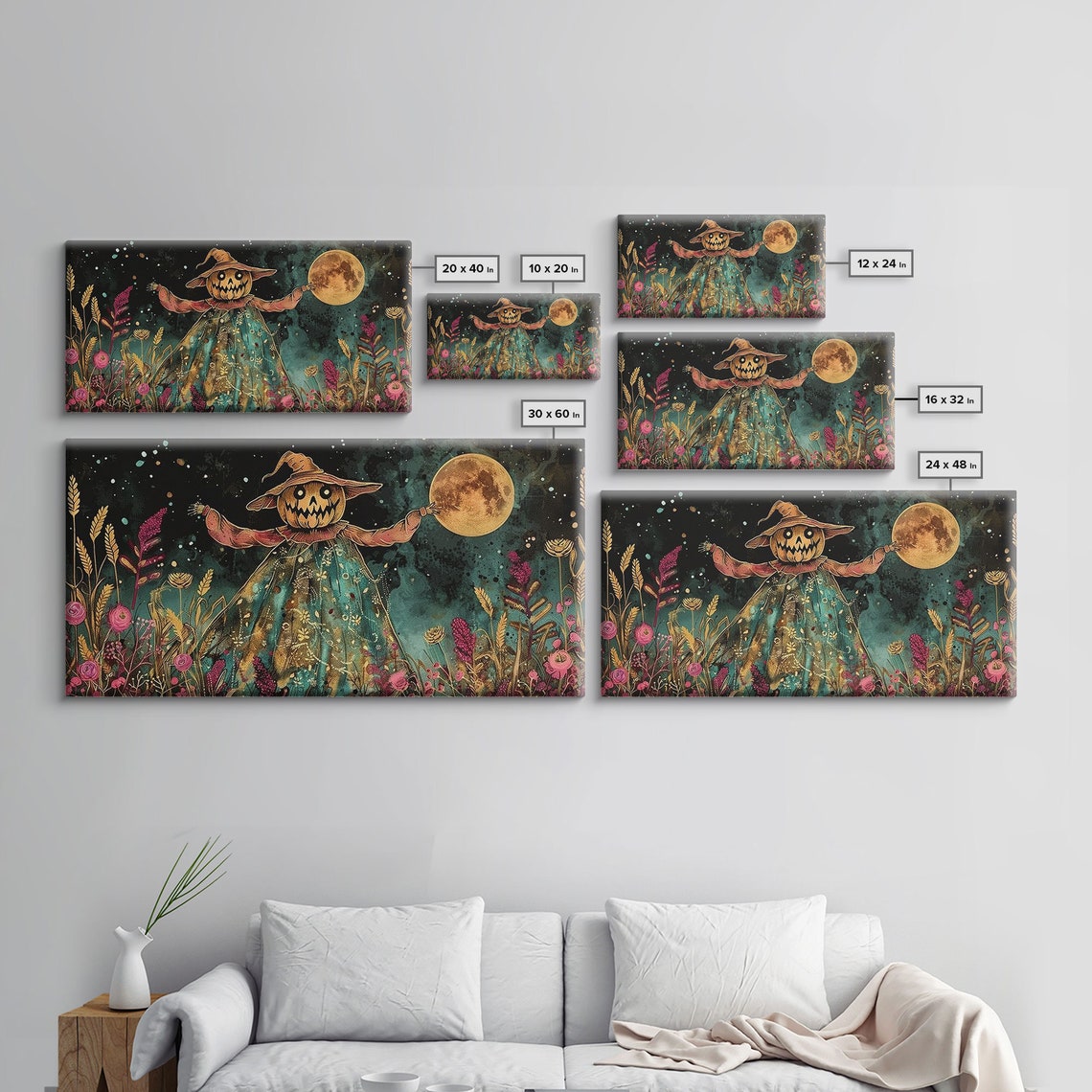 Jack O Lantern Scarecrow In Colorful Night Flower Field Art Print - Image 2
