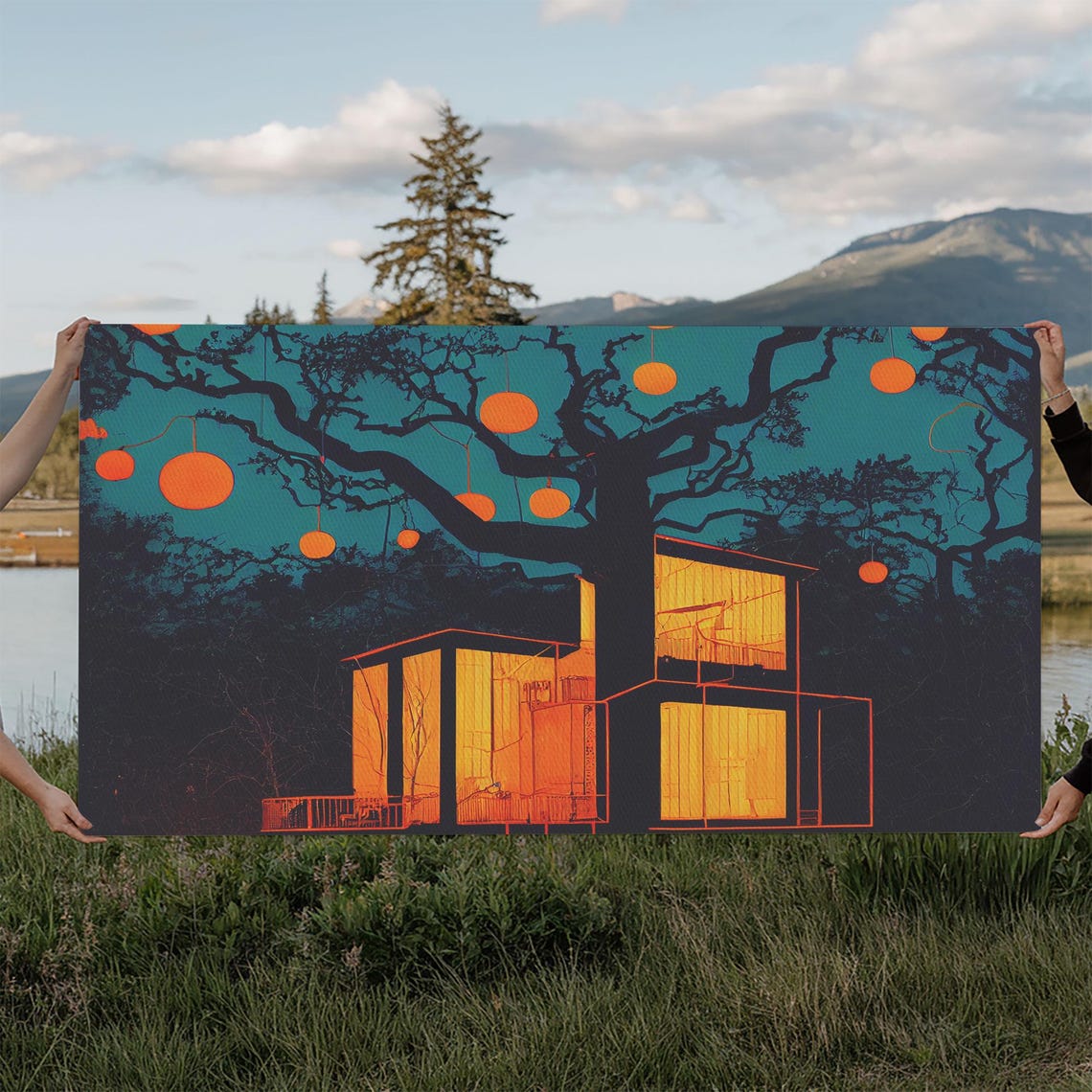 Surreal Treehouse With Glowing Windows And Hanging Lanterns Wall Art - Image 6