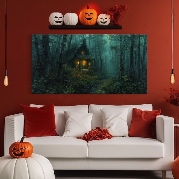 Haunted Cabin Misty Teal Forest Glowing Windows Night Spooky Halloween Print