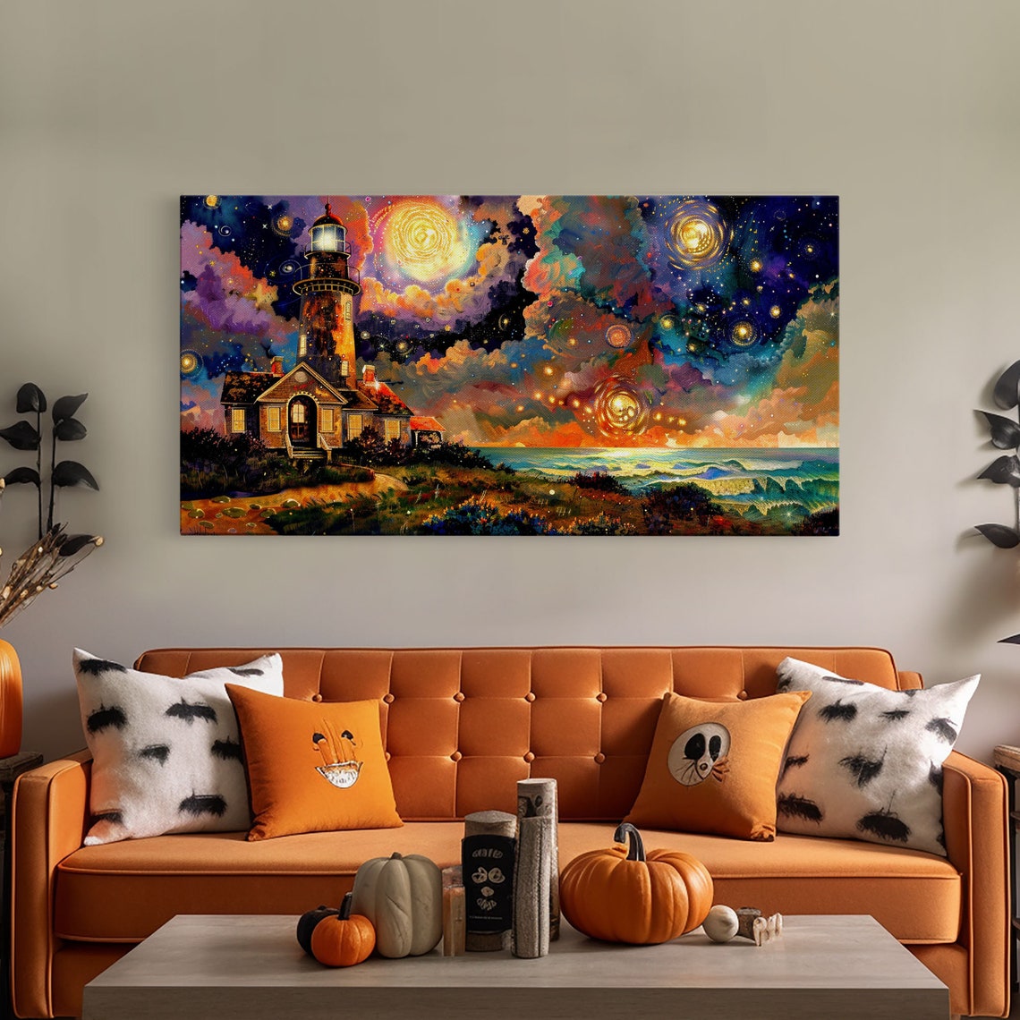 Colorful Lighthouse Under Starry Galaxy Sky Midcentury Style Art Print - Image 5