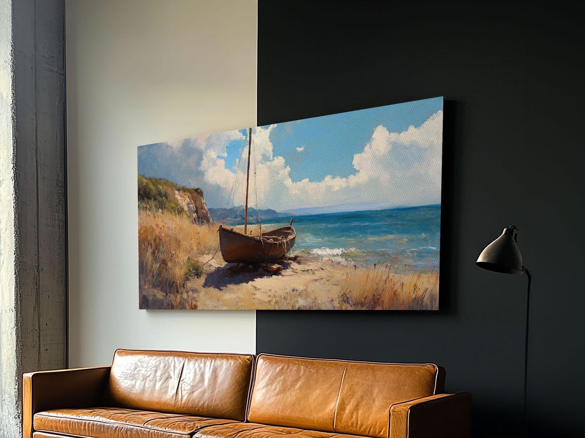 Wooden Sailboat Beached Coastal Shore Blue Sea Painting Travel Poster