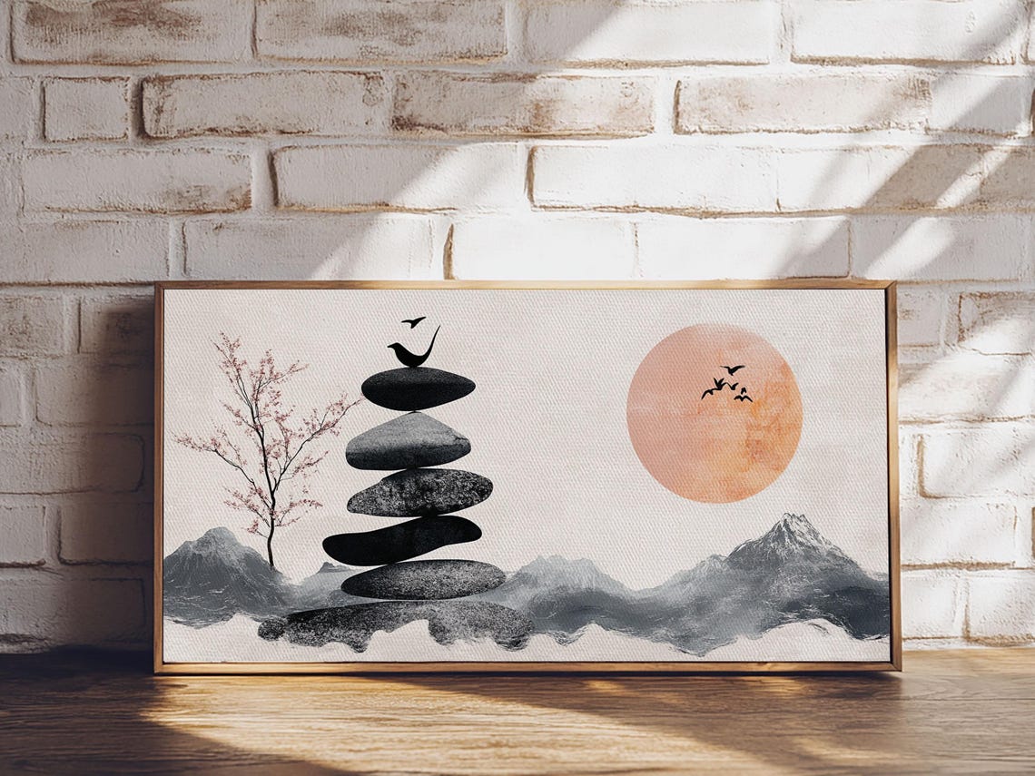 Wabi Sabi Birds On Stone Cairn Japanese Zen Ink Minimalist Poster - Image 5