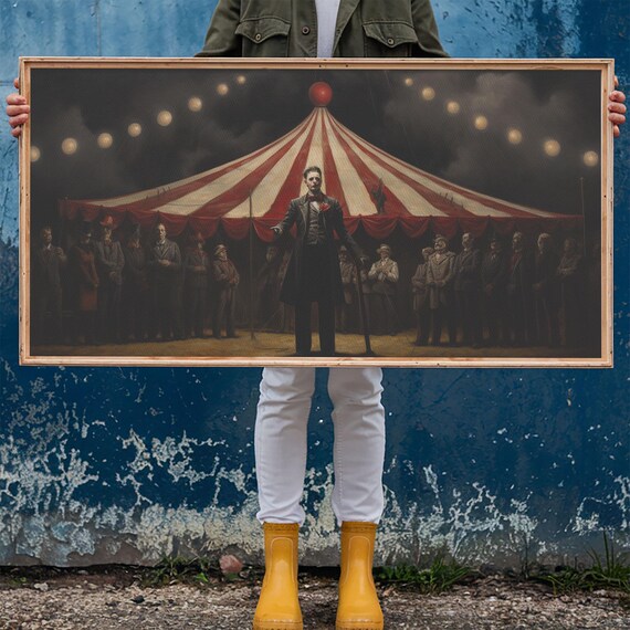 Creepy Ringmaster In Front Of Dark Circus Tent At Night Wall Art