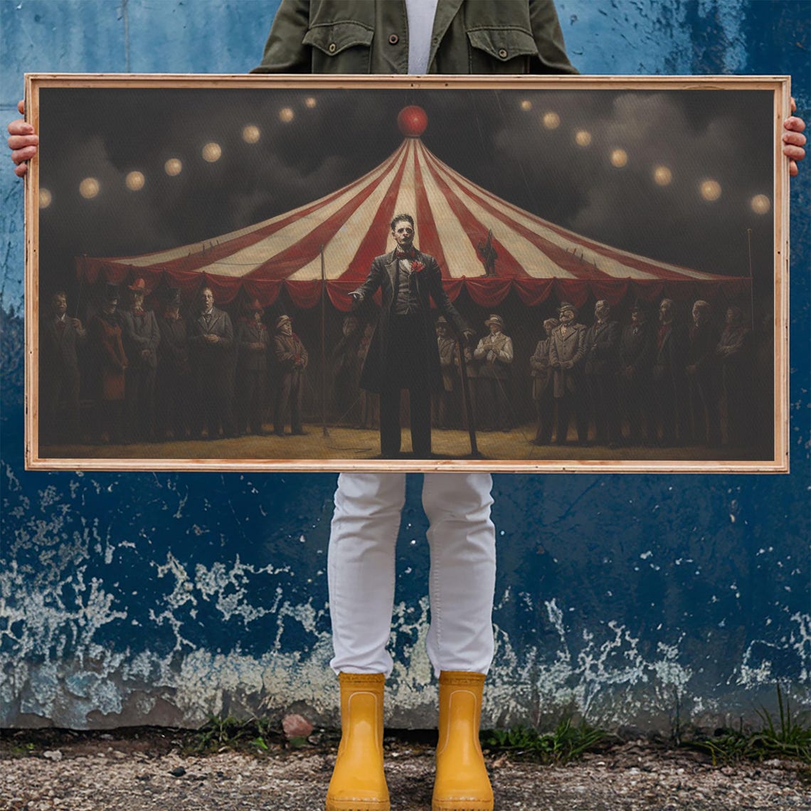 Creepy Ringmaster In Front Of Dark Circus Tent At Night Wall Art