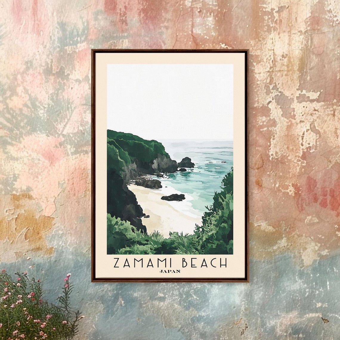 Zamami Beach Japan Lush Green Cove Rocky Cliffs White Sand Poster