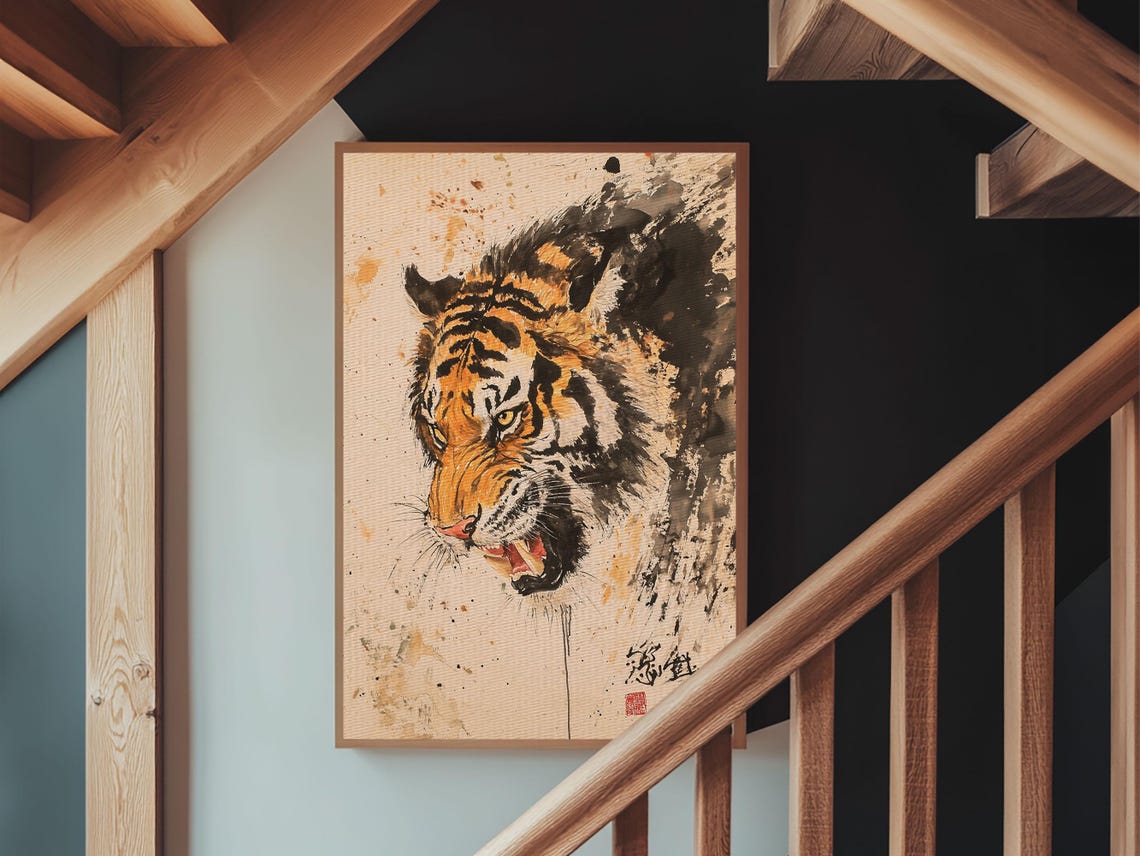 Japanese Ink Tiger Watercolor Roaring Wild Cat Portrait Poster - Image 5