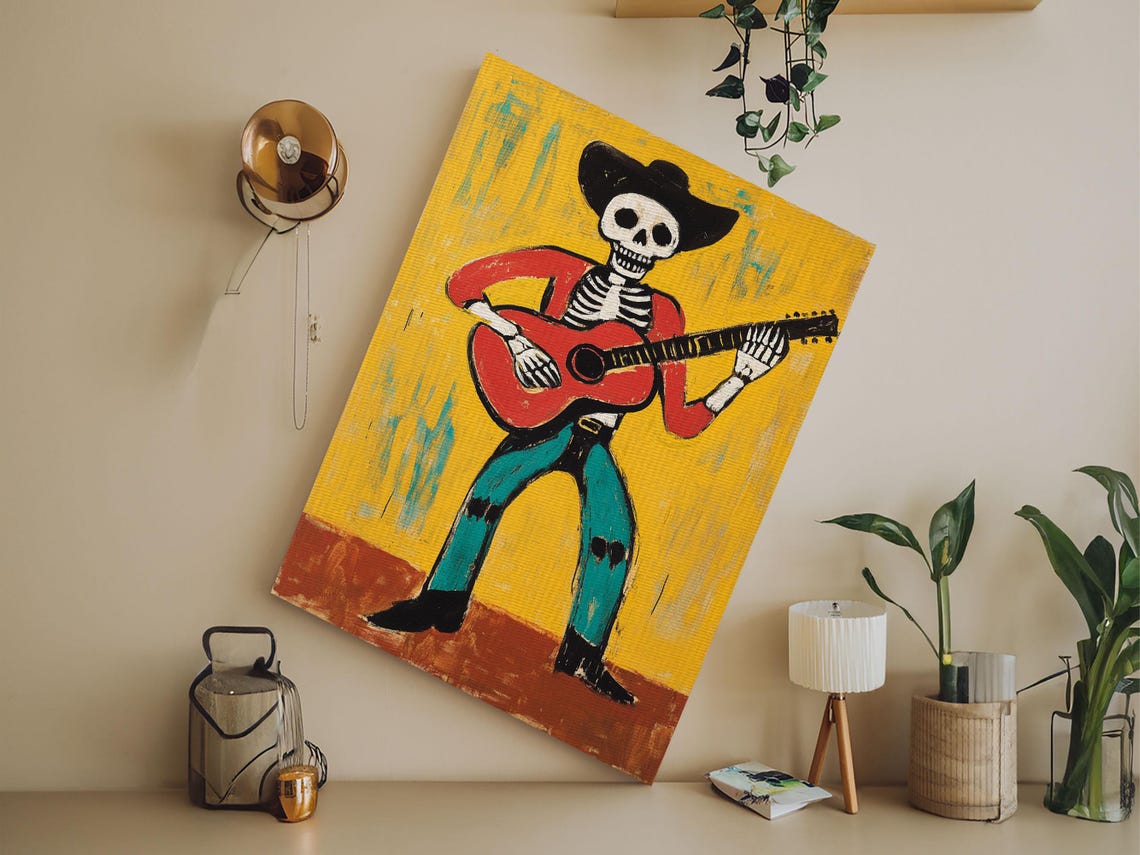 Cowboy Skeleton Guitarist Vaquero Day Of The Dead Folk Art Print