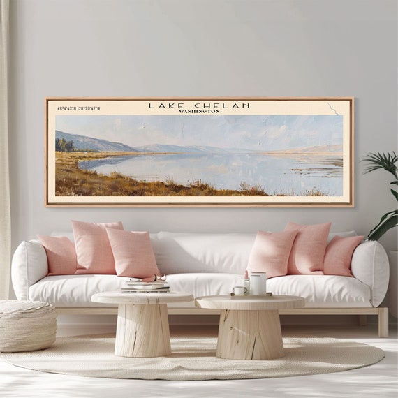 Lake Chelan Washington Framed Print Lake House Decor Panoramic Wall Art Travel Poster Scenic Lake Painting Nature Art