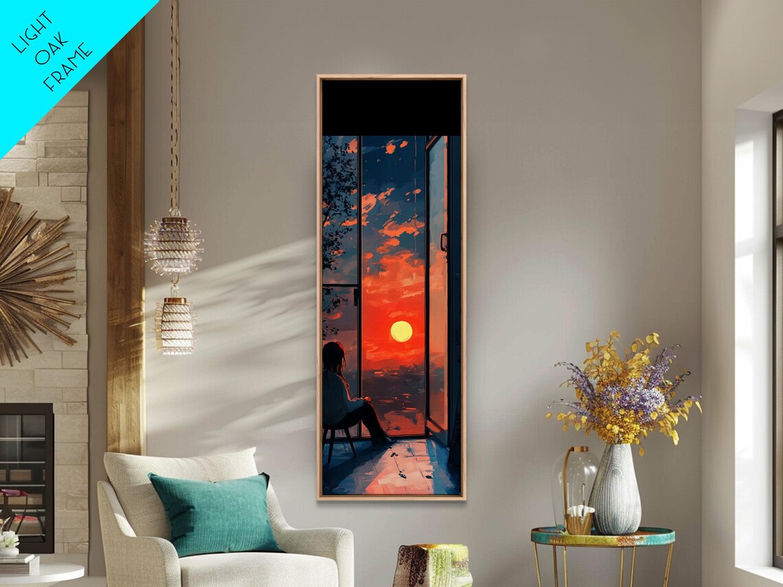 Anime Girl Watching Sunset Tall Window Orange Sky Watercolor Art Poster - Image 5
