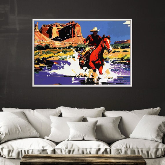 Crossing The Colorado River Framed Print Kitsch Western Wall Art Colorful Western Painting Original Artwork Pop Art Painting