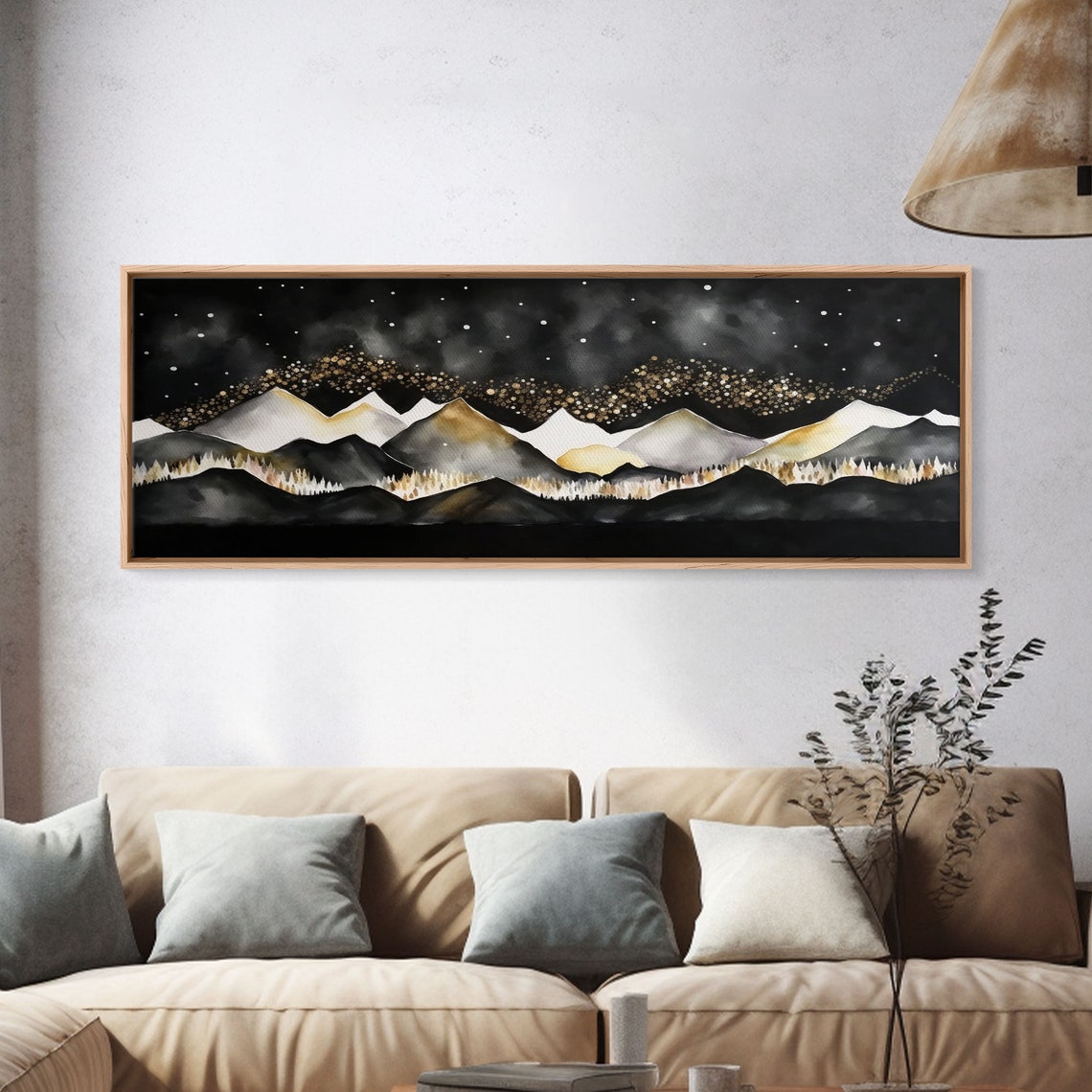 Black Gold Mountain Landscape Painting Framed Print Panoramic Art Extra Wide Art Center Piece Decor Above Fireplace Or Sofa - Image 4
