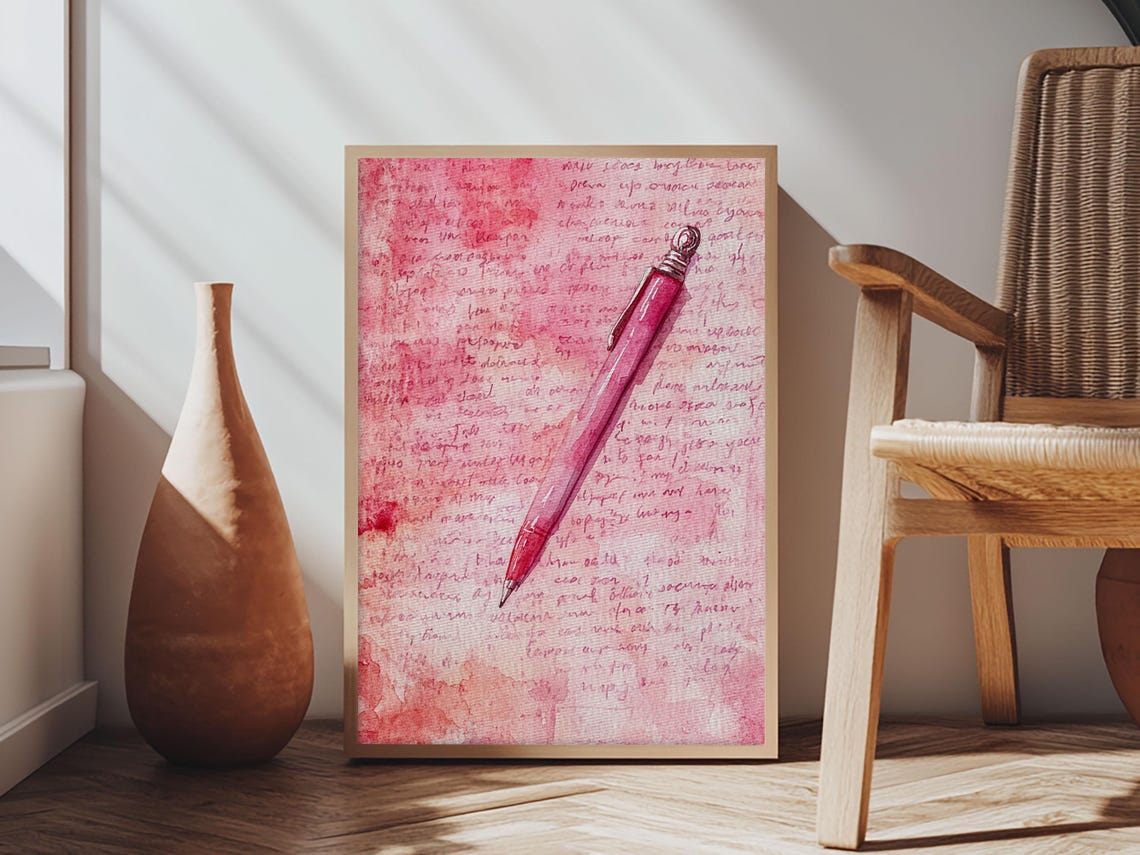 Red Fountain Pen on Pink Love Letter Watercolor Art Print Study Poster - Image 5