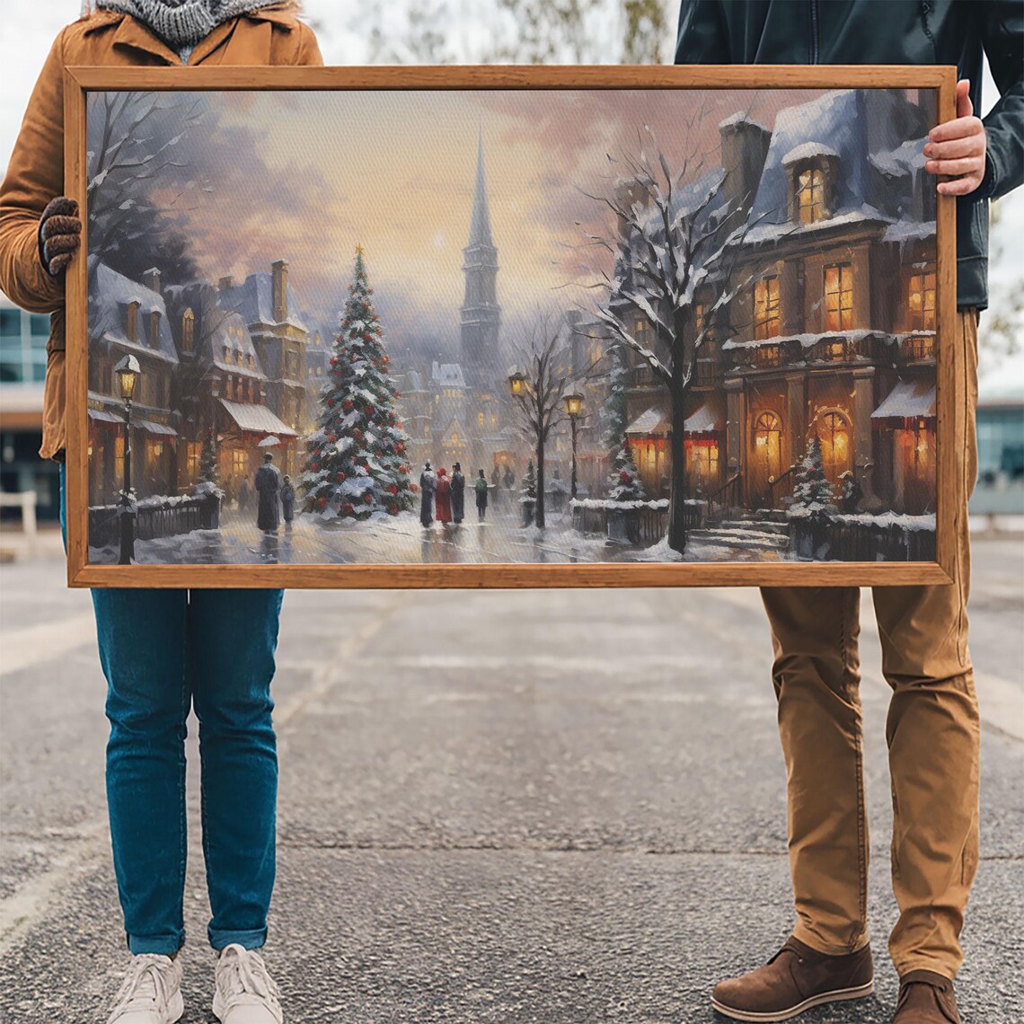 Old Town Christmas Street With Tall Tree And Church Spire Night Poster - Image 3