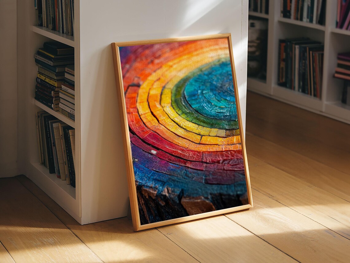 Rainbow Tree Rings, Retro Style Rustic Wall Art