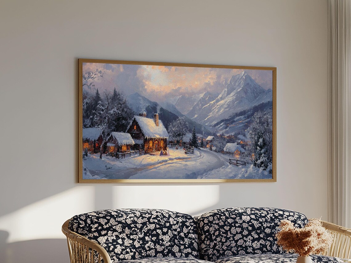 Christmas Mountain Village Oil Painting Print Framed Retro Christmas Christmas Mountain Landscape Painting Christmas Art