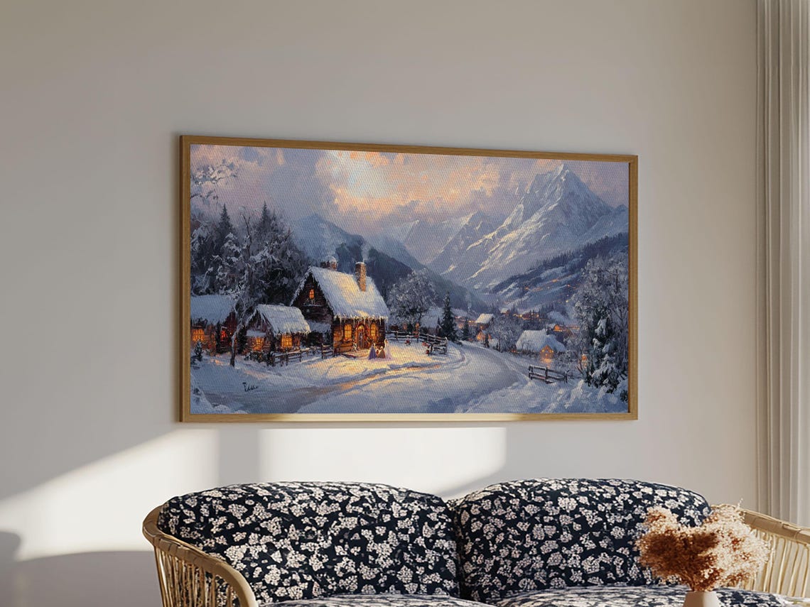 Snowy Mountain Cabin Village At Golden Sunset Christmas Poster