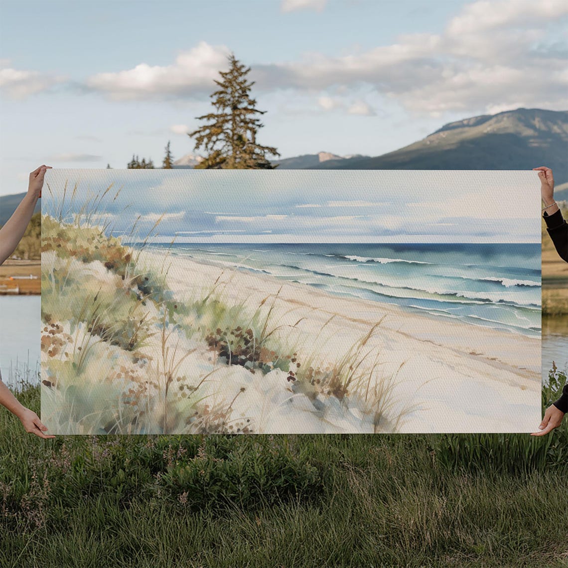 Beach Dunes Sea Grass Watercolor Ocean Waves Coastal Wall Art Poster