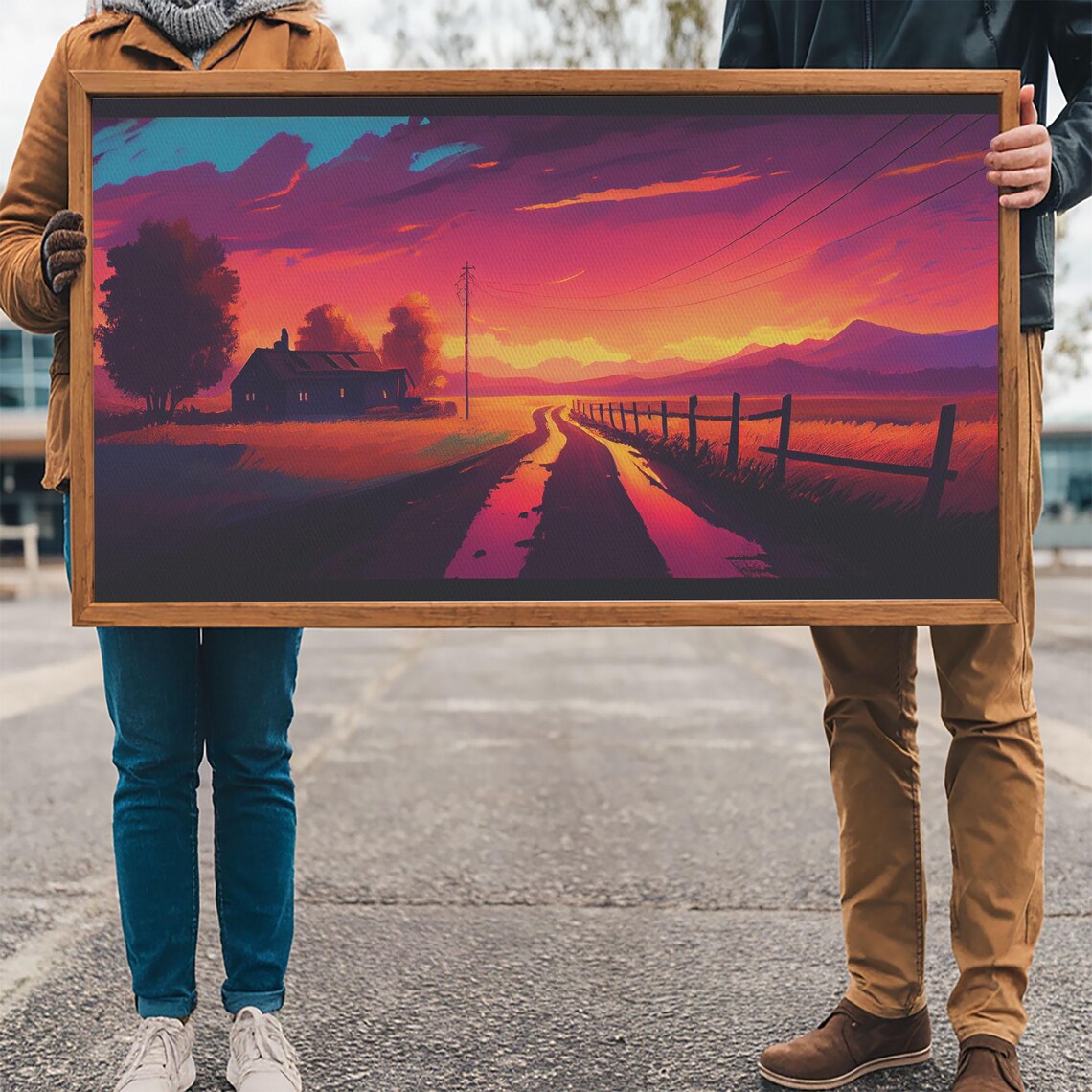 Synthwave Farmhouse Sunset Dirt Road Neon Purple Orange Sky Wall Art - Image 3