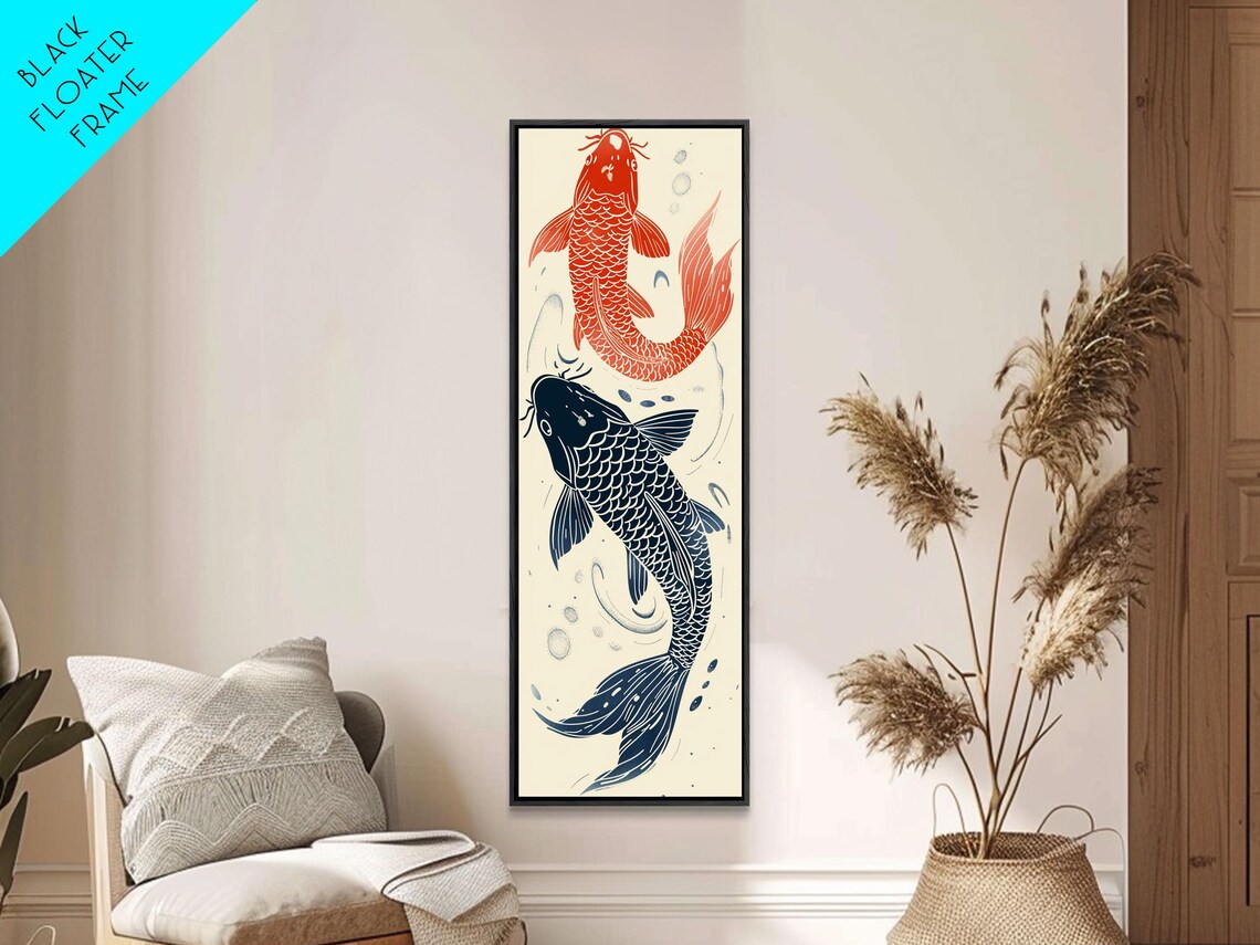 Pair Of Red Black Koi Fish Minimalist Cream Tall Japanese Art Print - Image 5