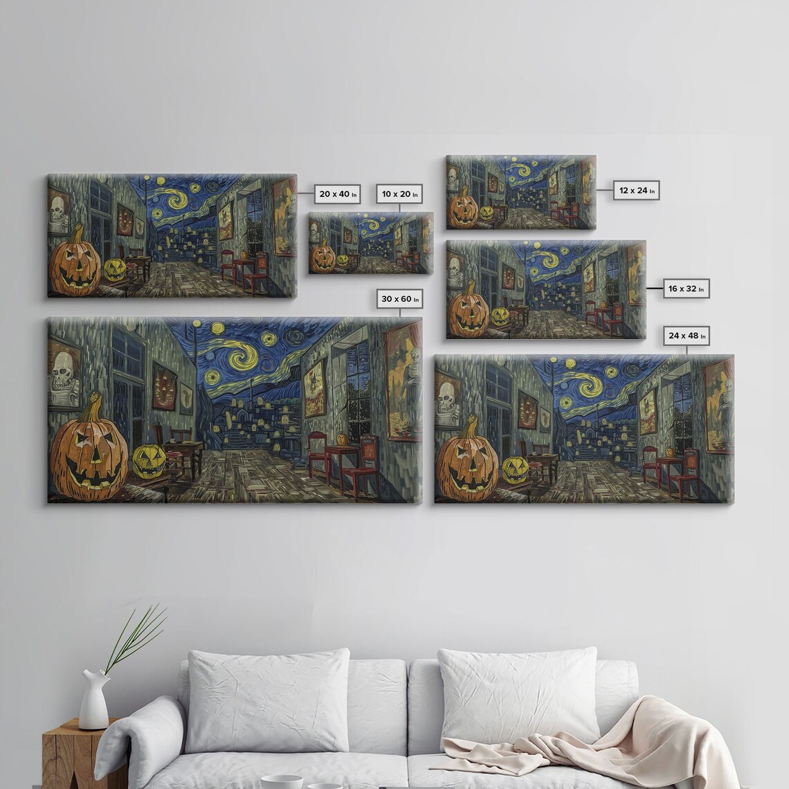 Starry Night Haunted Street Giant Pumpkins Skeleton Art Spooky Halloween Print - Image 2