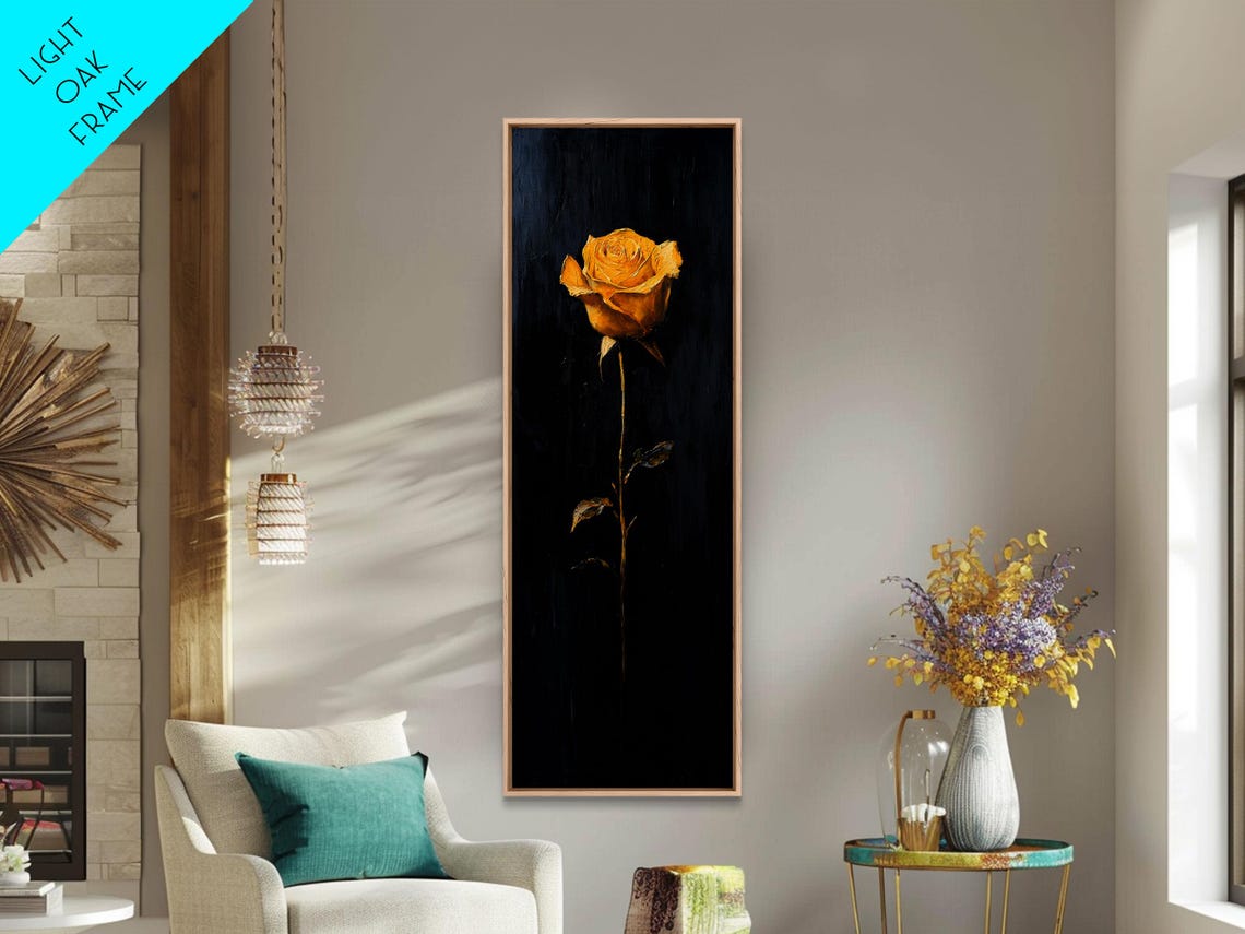 Golden Rose On Black Background Single Long Stem Elegant Poster