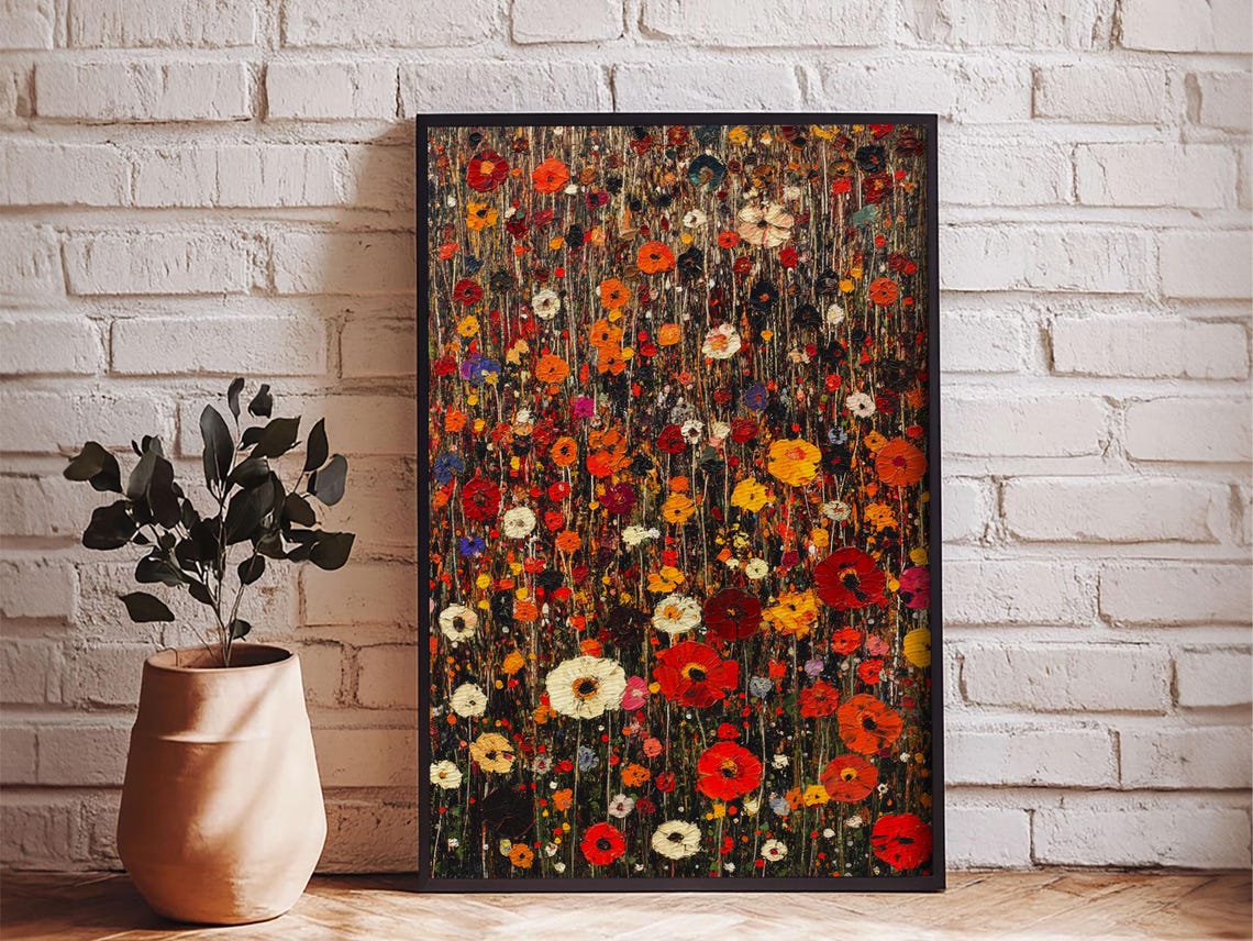 Wildflower Field Poppies Red Orange Dark Moody Floral Art Poster
