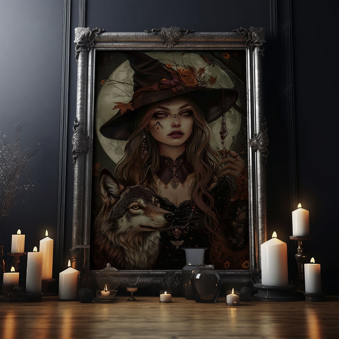 Spooky Witch And Wolf Under Full Moon Night Halloween Art Poster - Image 4