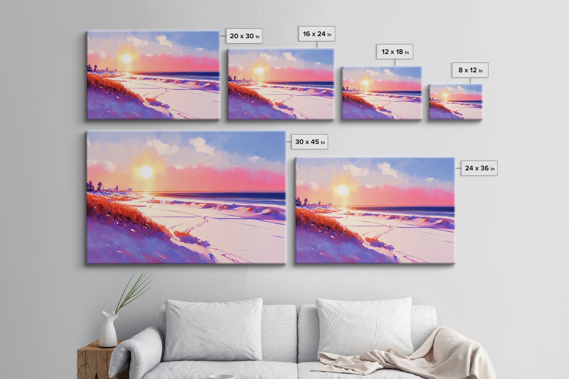 Winter Beach Sunset Purple Snow Dunes Pink Ocean Waves Art Poster - Image 2