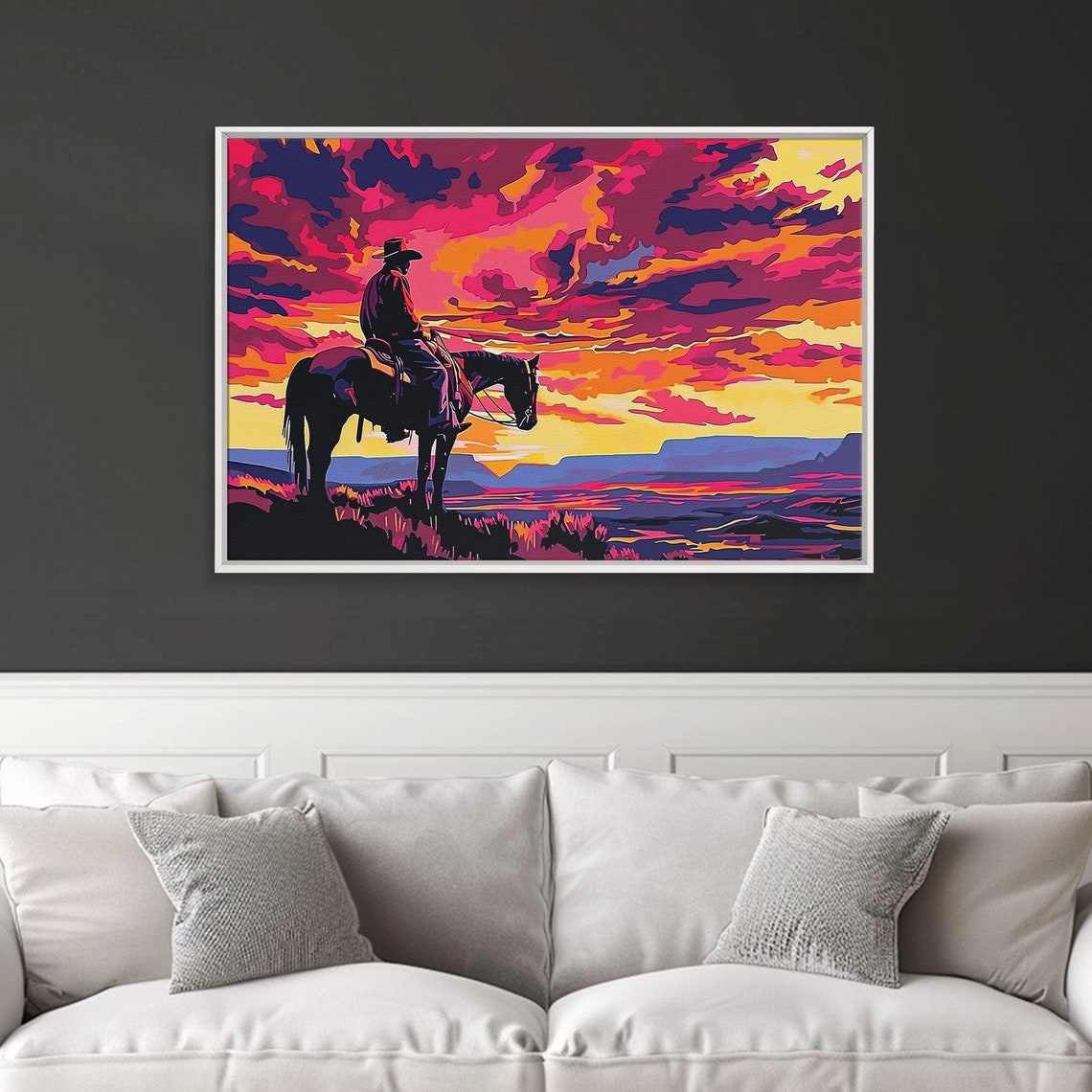 Wild West Cowboy at Sunset Neon Pop Art Horse Silhouette Art Poster - Image 4