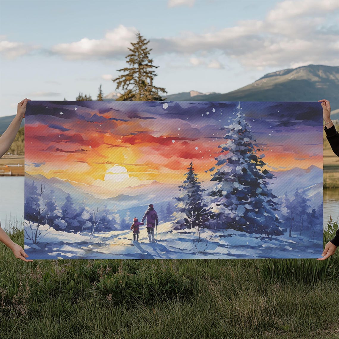 Parent And Child Hiking Through Snowy Pines At Sunset Winter Print