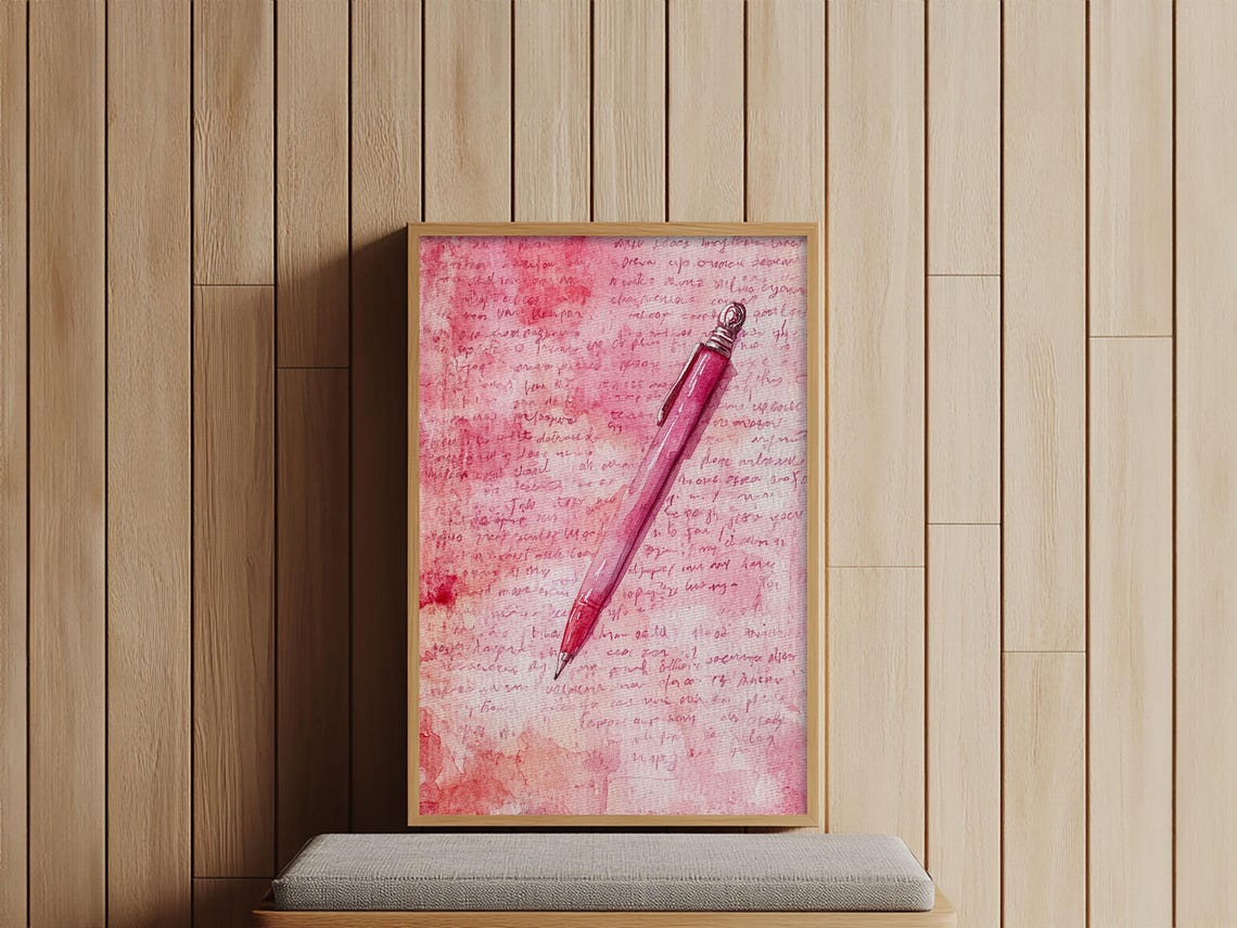 Red Fountain Pen on Pink Love Letter Watercolor Art Print Study Poster