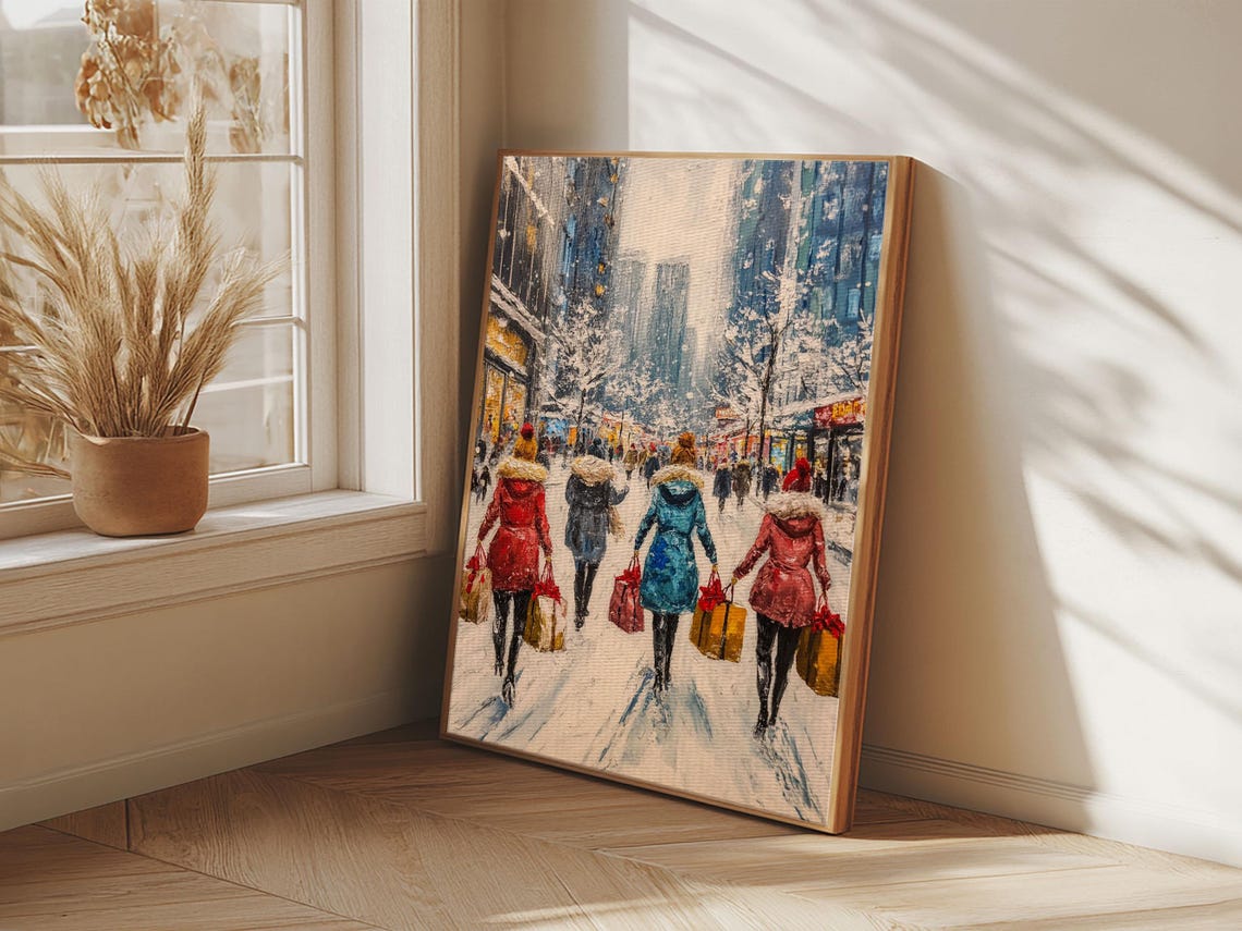 Vintage Christmas Town Street With Holiday Shoppers Snow Scene Art