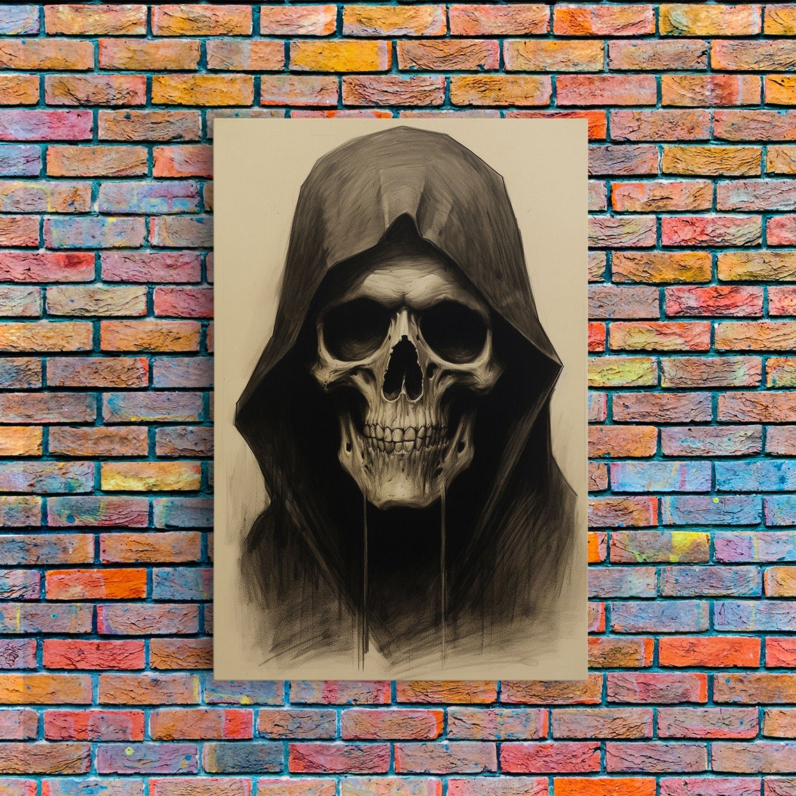 Hooded Skull Charcoal Drawing Dark Gothic Skeleton Wall Art Poster - Image 5