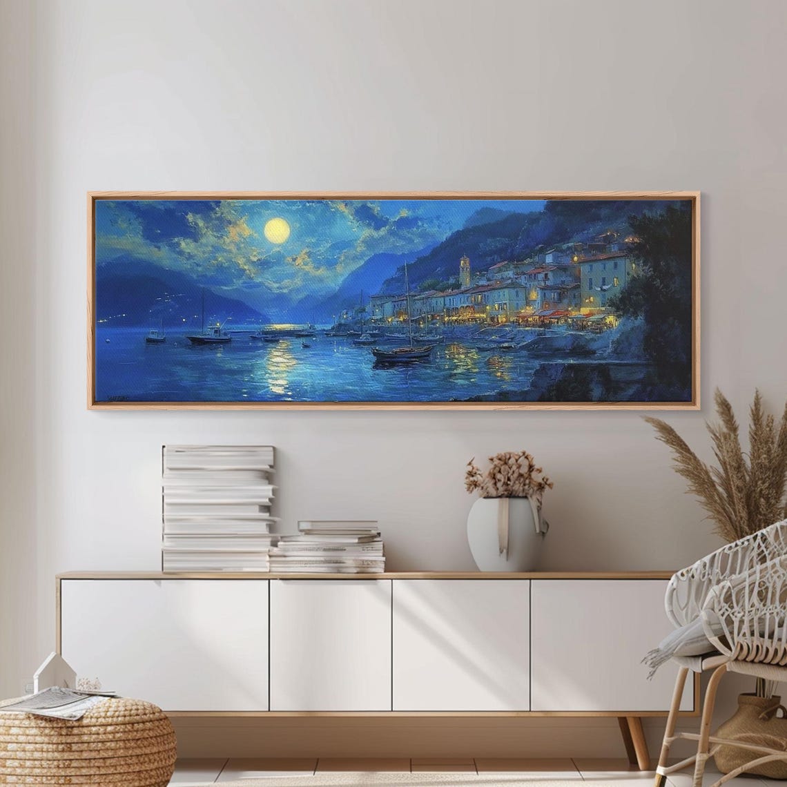 Midnight Full Moon Over Italian Coastal Harbor Night Lights Poster