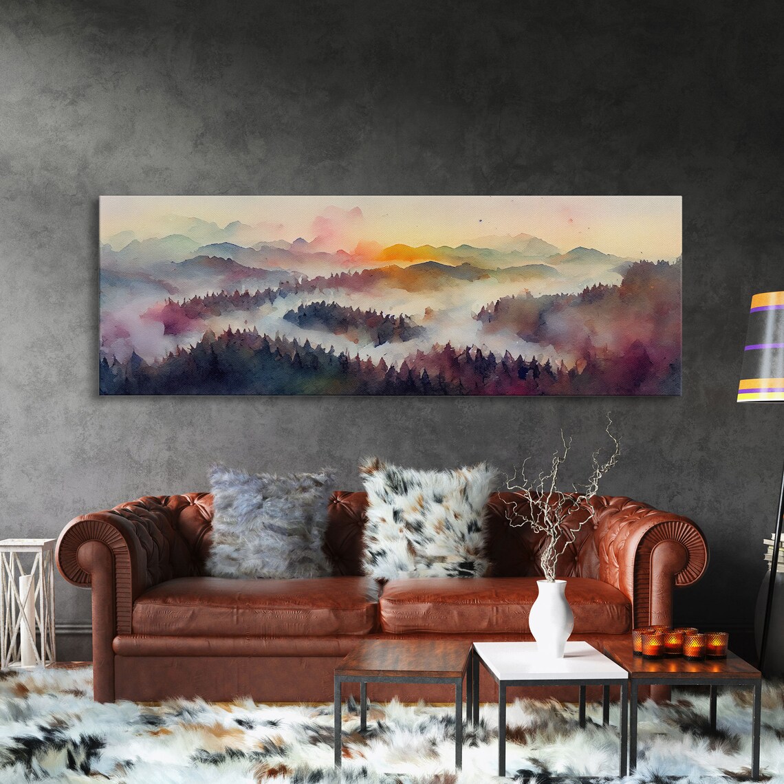 Watercolor Sunset Landscape, Panoramic Green Art Print - Image 3